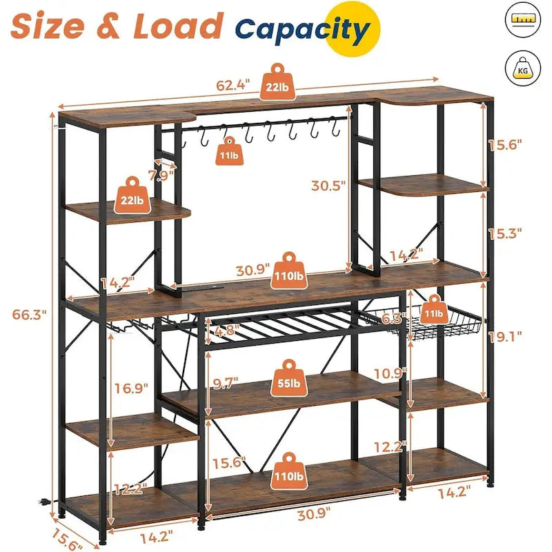 Bakers Rack with Power Outlet - 4 AC + 2 USB - Microwave Stand - Wine Rack - Goblet Holder - 8 Hooks - Wire Basket - 12 Shelves - Industrial Style - Kitchen