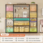 Bakers Rack with Power Outlet - 4 AC + 2 USB - Microwave Stand - Wine Rack - Goblet Holder - 8 Hooks - Wire Basket - 12 Shelves - Industrial Style - Kitchen