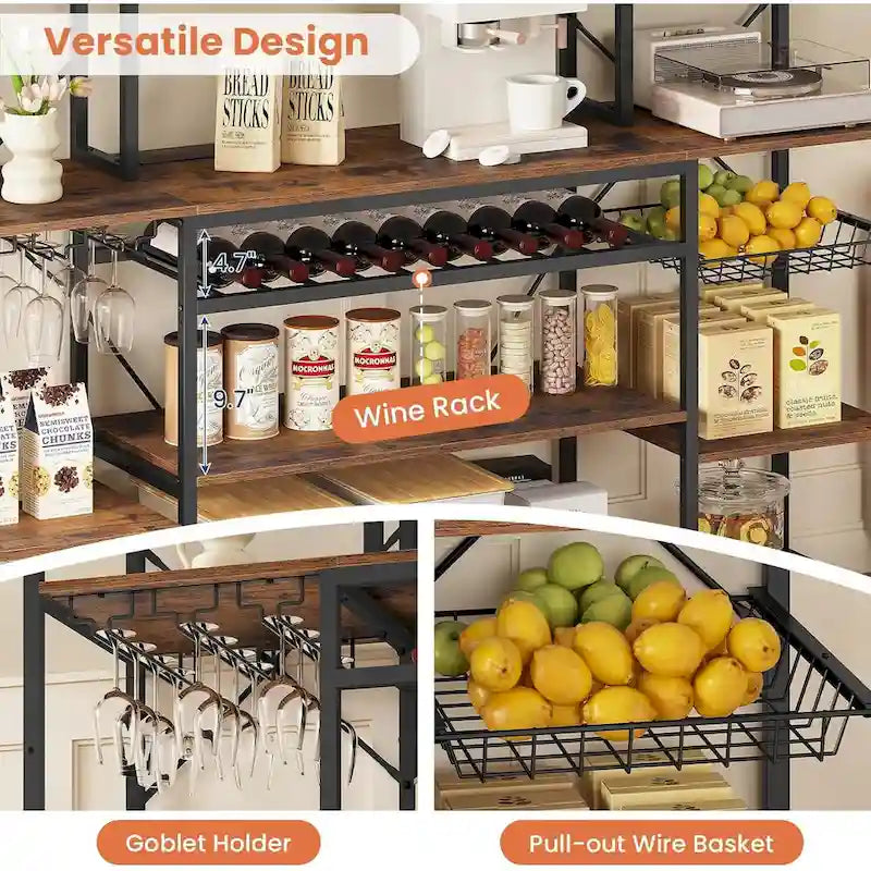 Bakers Rack with Power Outlet - 4 AC + 2 USB - Microwave Stand - Wine Rack - Goblet Holder - 8 Hooks - Wire Basket - 12 Shelves - Industrial Style - Kitchen