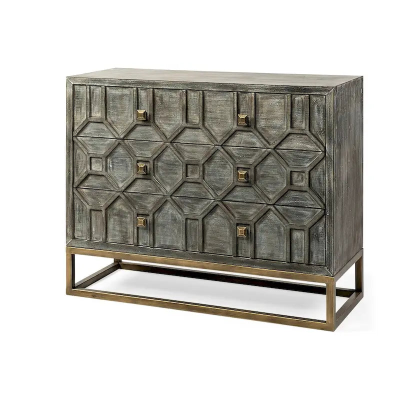 3-Drawer Accent Cabinet with Iron Frame, 39"L x 15.7"W x 30.9"H, Gray Fir Veneer, Antiqued Brass, Geometric Pattern