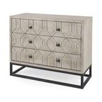 3-Drawer Accent Cabinet with Iron Frame, 39"L x 15.7"W x 30.9"H, Gray Fir Veneer, Antiqued Brass, Geometric Pattern