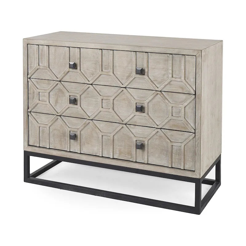 3-Drawer Accent Cabinet with Iron Frame, 39"L x 15.7"W x 30.9"H, Gray Fir Veneer, Antiqued Brass, Geometric Pattern
