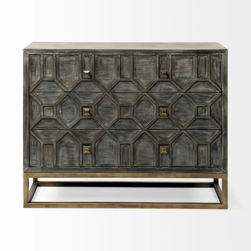 3-Drawer Accent Cabinet with Iron Frame, 39"L x 15.7"W x 30.9"H, Gray Fir Veneer, Antiqued Brass, Geometric Pattern