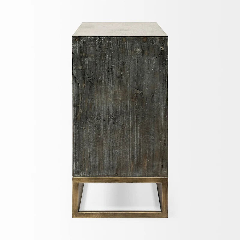3-Drawer Accent Cabinet with Iron Frame, 39"L x 15.7"W x 30.9"H, Gray Fir Veneer, Antiqued Brass, Geometric Pattern