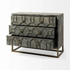 3-Drawer Accent Cabinet with Iron Frame, 39"L x 15.7"W x 30.9"H, Gray Fir Veneer, Antiqued Brass, Geometric Pattern