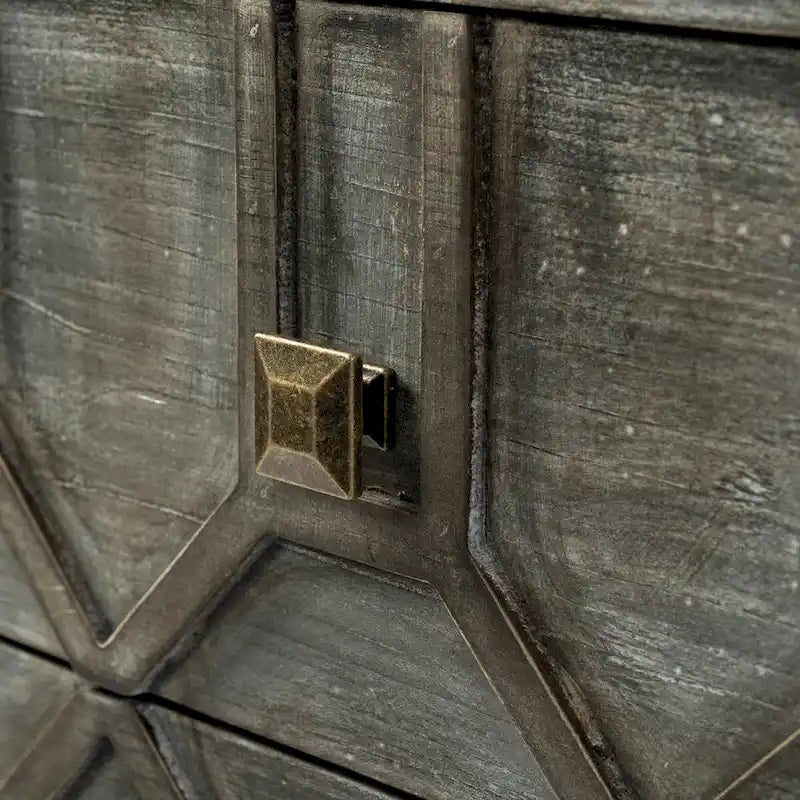 3-Drawer Accent Cabinet with Iron Frame, 39"L x 15.7"W x 30.9"H, Gray Fir Veneer, Antiqued Brass, Geometric Pattern