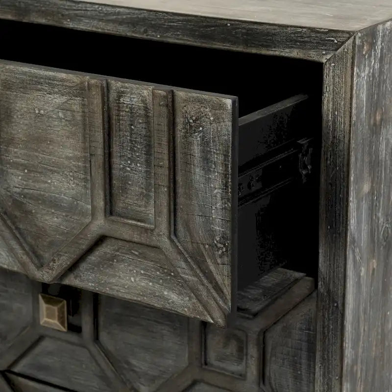 3-Drawer Accent Cabinet with Iron Frame, 39"L x 15.7"W x 30.9"H, Gray Fir Veneer, Antiqued Brass, Geometric Pattern