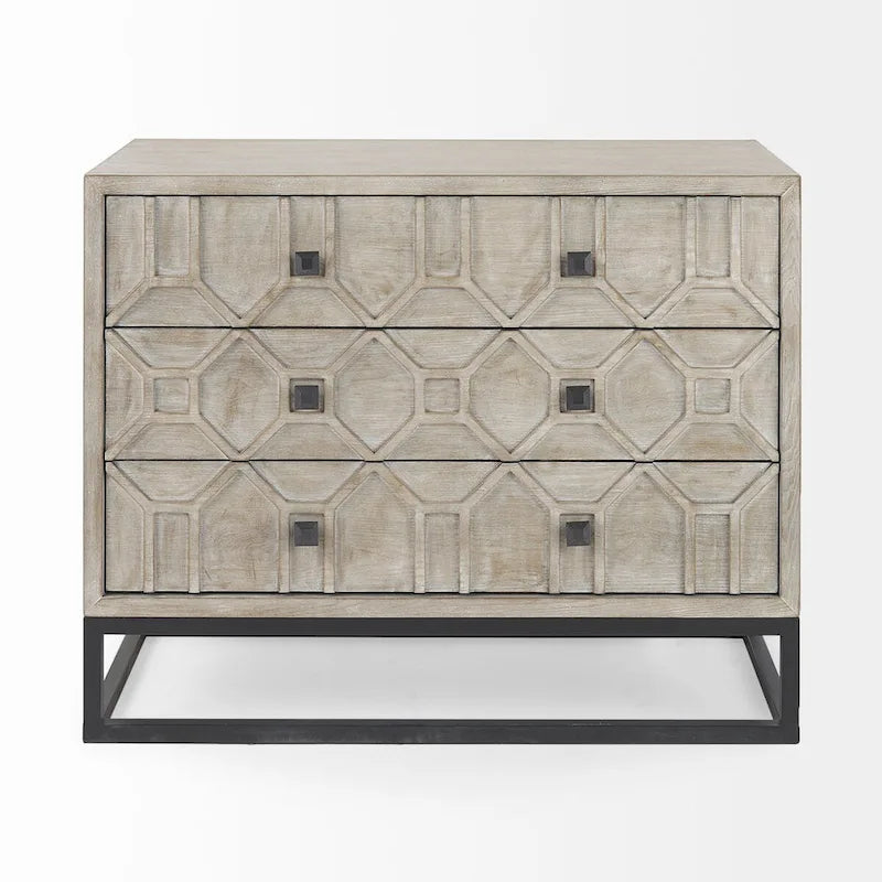 3-Drawer Accent Cabinet with Iron Frame, 39"L x 15.7"W x 30.9"H, Gray Fir Veneer, Antiqued Brass, Geometric Pattern
