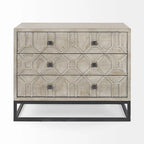 3-Drawer Accent Cabinet with Iron Frame, 39"L x 15.7"W x 30.9"H, Gray Fir Veneer, Antiqued Brass, Geometric Pattern