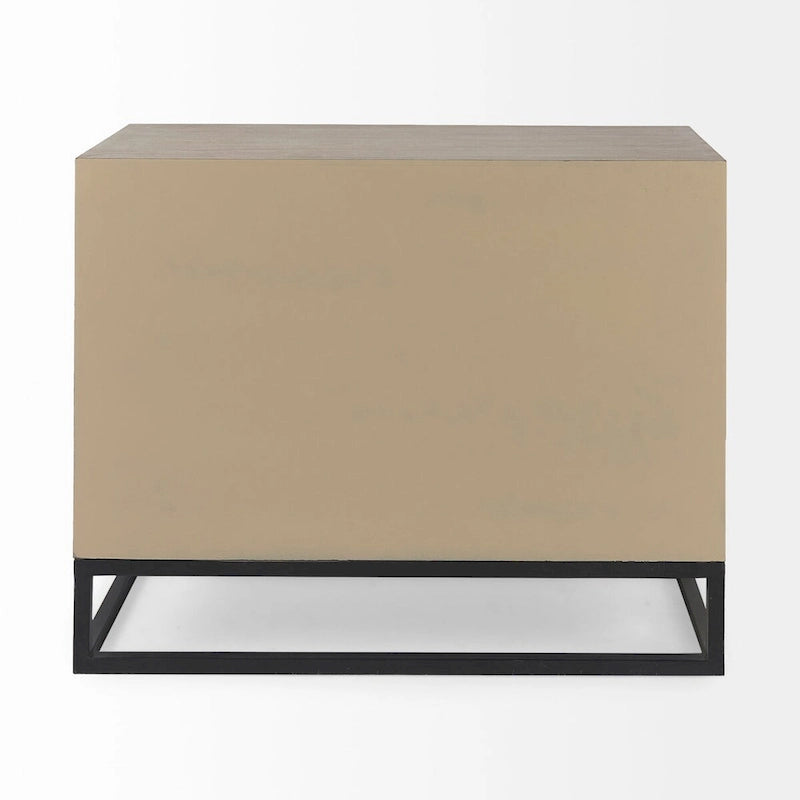 3-Drawer Accent Cabinet with Iron Frame, 39"L x 15.7"W x 30.9"H, Gray Fir Veneer, Antiqued Brass, Geometric Pattern