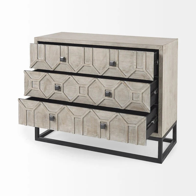 3-Drawer Accent Cabinet with Iron Frame, 39"L x 15.7"W x 30.9"H, Gray Fir Veneer, Antiqued Brass, Geometric Pattern