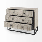 3-Drawer Accent Cabinet with Iron Frame, 39"L x 15.7"W x 30.9"H, Gray Fir Veneer, Antiqued Brass, Geometric Pattern