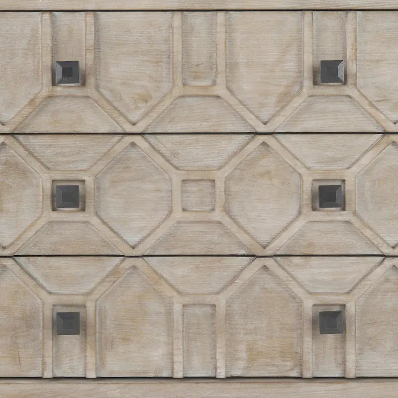 3-Drawer Accent Cabinet with Iron Frame, 39"L x 15.7"W x 30.9"H, Gray Fir Veneer, Antiqued Brass, Geometric Pattern