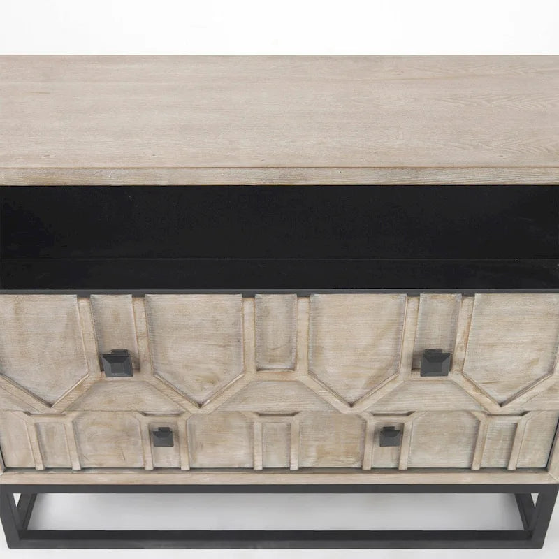 3-Drawer Accent Cabinet with Iron Frame, 39"L x 15.7"W x 30.9"H, Gray Fir Veneer, Antiqued Brass, Geometric Pattern
