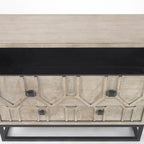 3-Drawer Accent Cabinet with Iron Frame, 39"L x 15.7"W x 30.9"H, Gray Fir Veneer, Antiqued Brass, Geometric Pattern