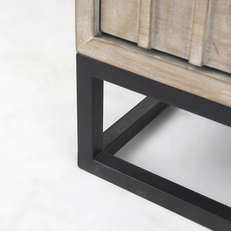 3-Drawer Accent Cabinet with Iron Frame, 39"L x 15.7"W x 30.9"H, Gray Fir Veneer, Antiqued Brass, Geometric Pattern