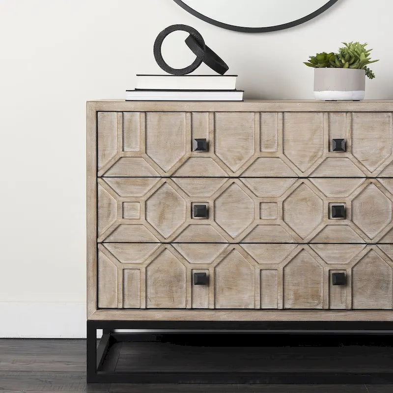 3-Drawer Accent Cabinet with Iron Frame, 39"L x 15.7"W x 30.9"H, Gray Fir Veneer, Antiqued Brass, Geometric Pattern