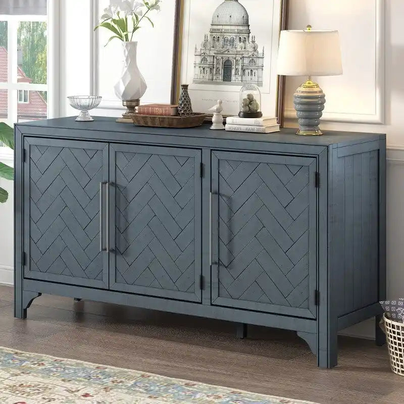 60" Wide Sideboard Cabinet - 3-Door Storage with Adjustable Shelves, Pine Veneer Finish, MDF Construction, Rustic Charm