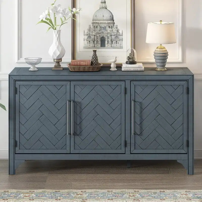 60" Wide Sideboard Cabinet - 3-Door Storage with Adjustable Shelves, Pine Veneer Finish, MDF Construction, Rustic Charm