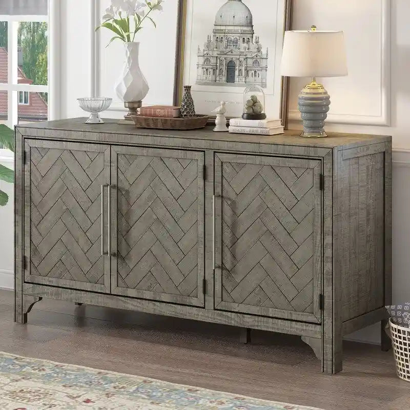 60" Wide Sideboard Cabinet - 3-Door Storage with Adjustable Shelves, Pine Veneer Finish, MDF Construction, Rustic Charm