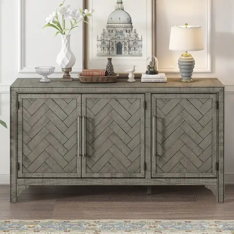 60" Wide Sideboard Cabinet - 3-Door Storage with Adjustable Shelves, Pine Veneer Finish, MDF Construction, Rustic Charm