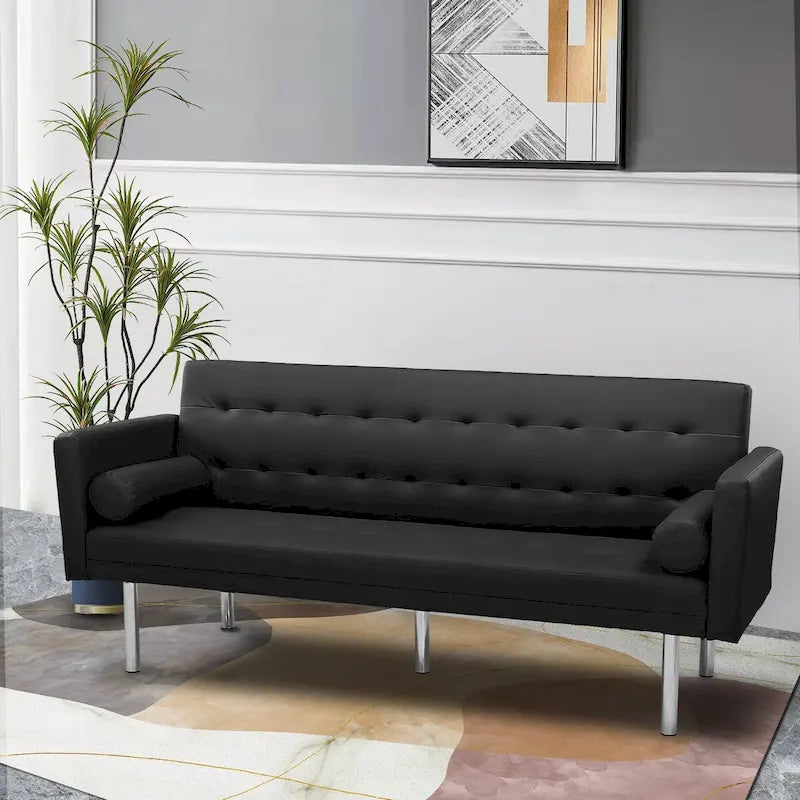 Convertible Futon Sofa Bed - Mid-Century Loveseat Sleeper with Tufted Back & Wood Legs for Living Room, Apartment, Office