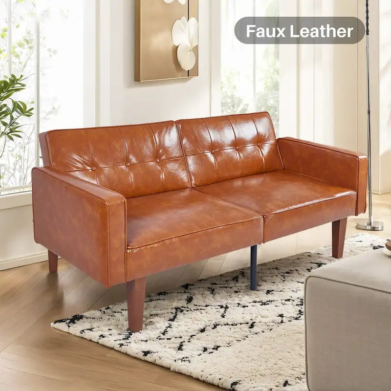 Convertible Futon Sofa Bed - Mid-Century Loveseat Sleeper with Tufted Back & Wood Legs for Living Room, Apartment, Office