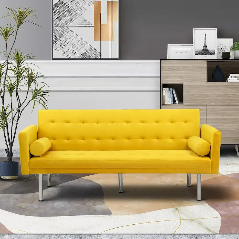 Convertible Futon Sofa Bed - Mid-Century Loveseat Sleeper with Tufted Back & Wood Legs for Living Room, Apartment, Office