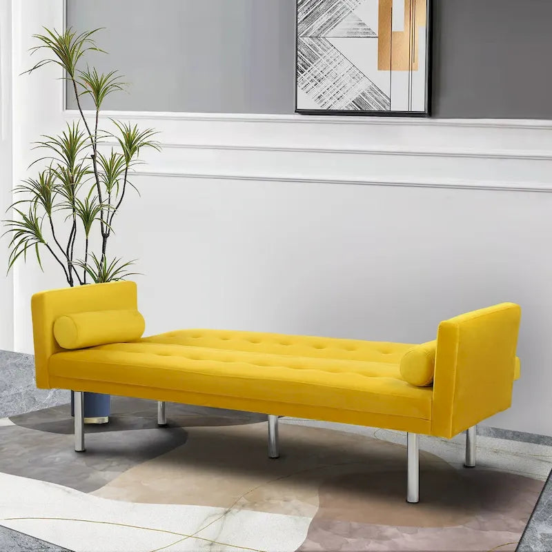 Convertible Futon Sofa Bed - Mid-Century Loveseat Sleeper with Tufted Back & Wood Legs for Living Room, Apartment, Office