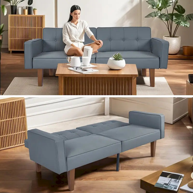 Convertible Futon Sofa Bed - Mid-Century Loveseat Sleeper with Tufted Back & Wood Legs for Living Room, Apartment, Office