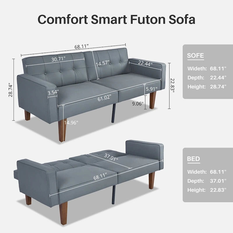 Convertible Futon Sofa Bed - Mid-Century Loveseat Sleeper with Tufted Back & Wood Legs for Living Room, Apartment, Office