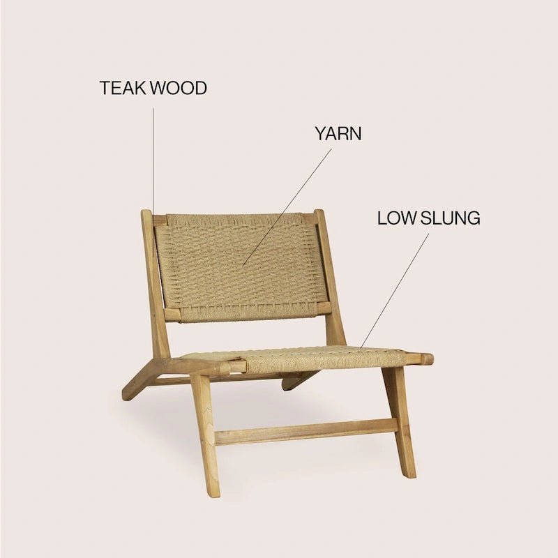 Mid-Century Modern Woven Seagrass Lounge Chair, Solid Teak Wood Armless Chair, 275 lbs Capacity, Natural