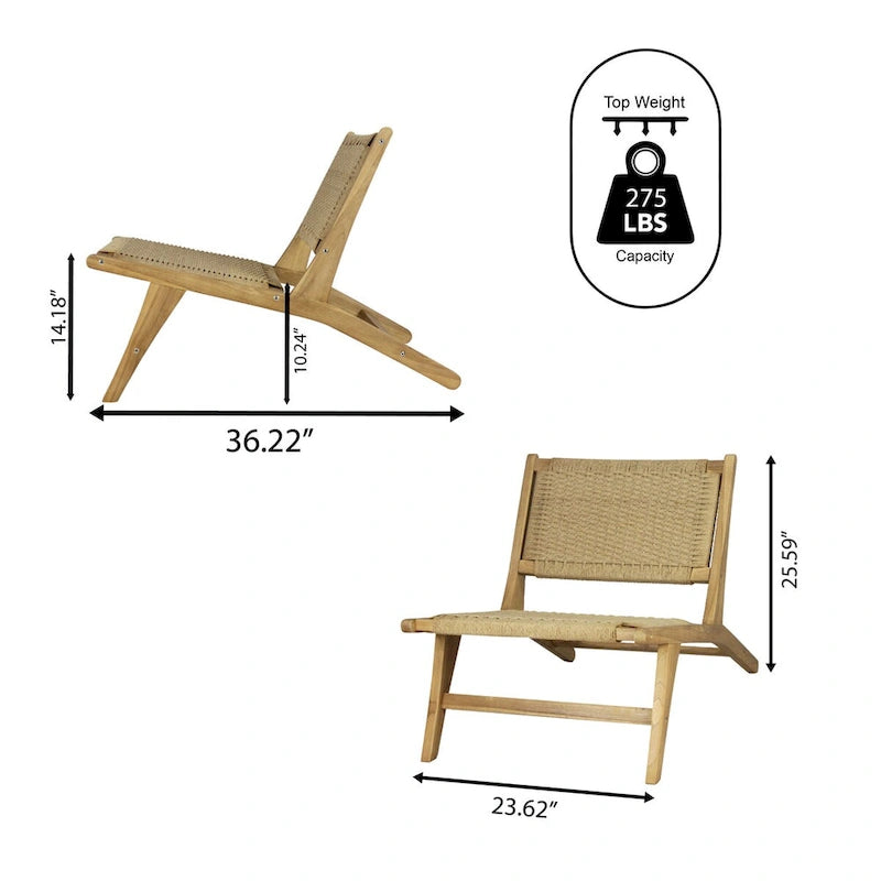 Mid-Century Modern Woven Seagrass Lounge Chair, Solid Teak Wood Armless Chair, 275 lbs Capacity, Natural