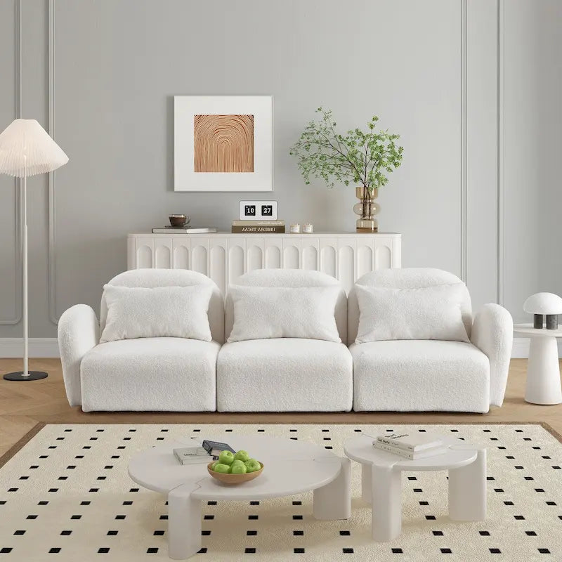 94" 3-Seat Teddy Fabric Sofa, 900 LBS Capacity, Curved Arms, Removable Cushions, White, Eucalyptus Wood Frame, Modern