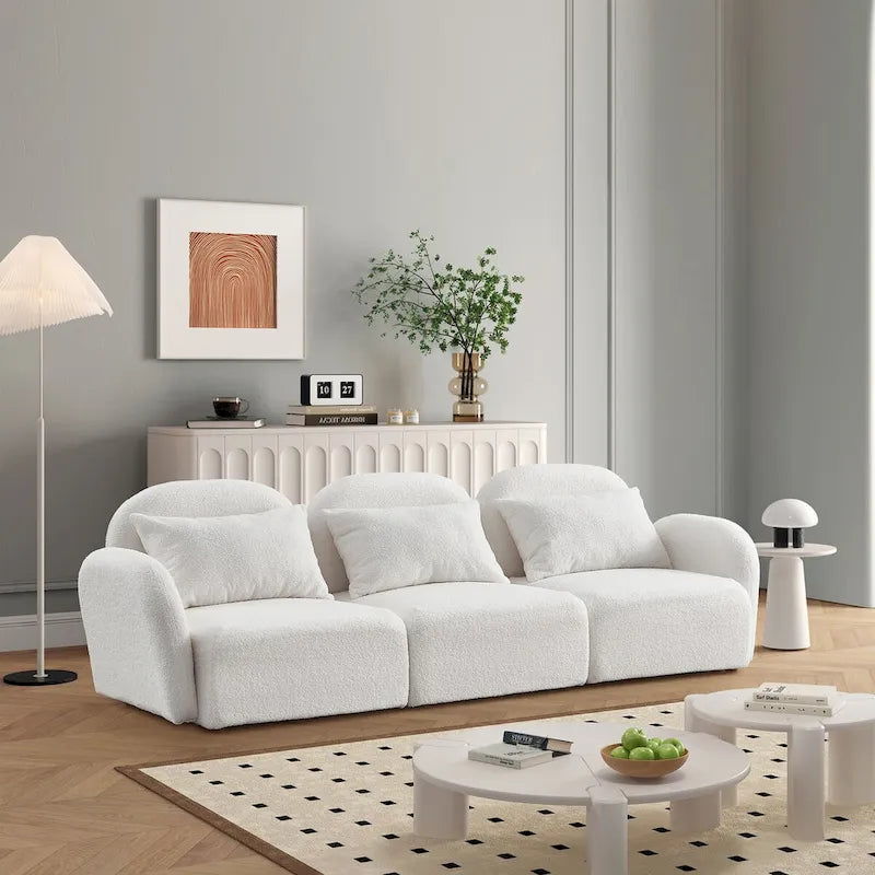 94" 3-Seat Teddy Fabric Sofa, 900 LBS Capacity, Curved Arms, Removable Cushions, White, Eucalyptus Wood Frame, Modern