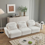 94" 3-Seat Teddy Fabric Sofa, 900 LBS Capacity, Curved Arms, Removable Cushions, White, Eucalyptus Wood Frame, Modern