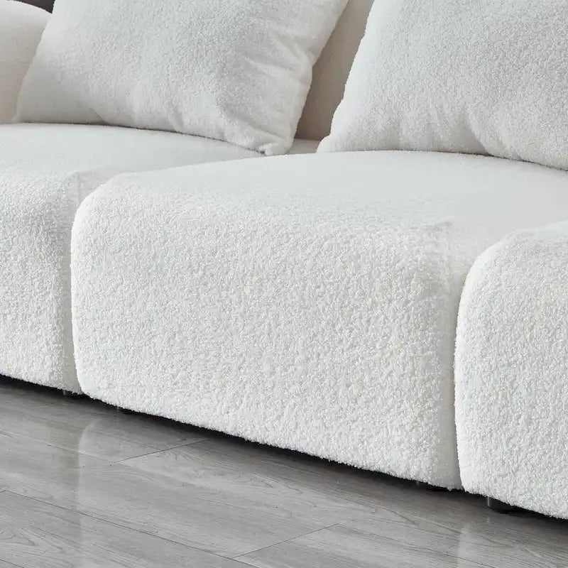 94" 3-Seat Teddy Fabric Sofa, 900 LBS Capacity, Curved Arms, Removable Cushions, White, Eucalyptus Wood Frame, Modern