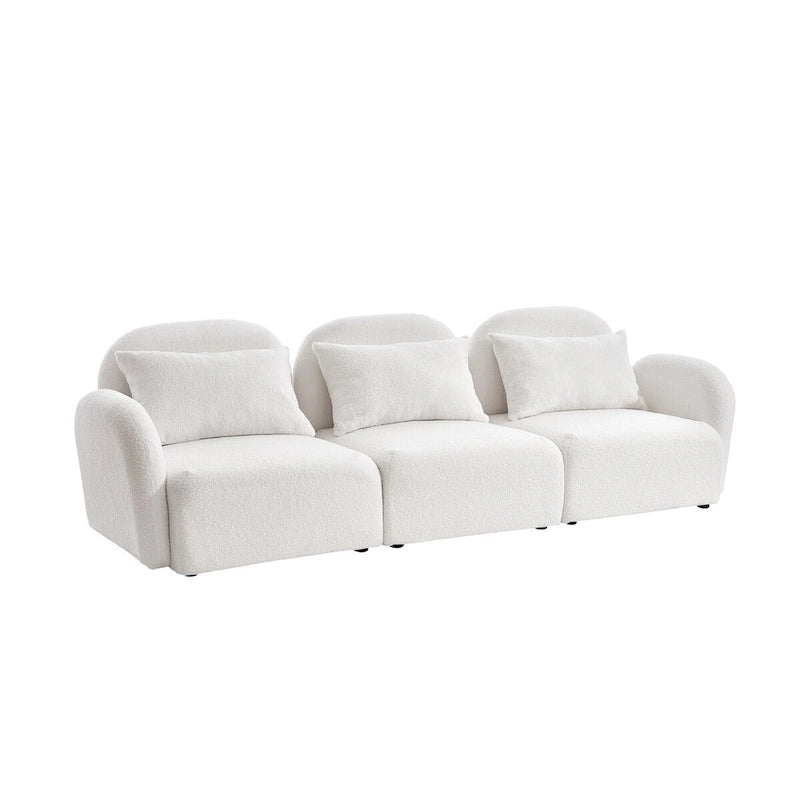 94" 3-Seat Teddy Fabric Sofa, 900 LBS Capacity, Curved Arms, Removable Cushions, White, Eucalyptus Wood Frame, Modern