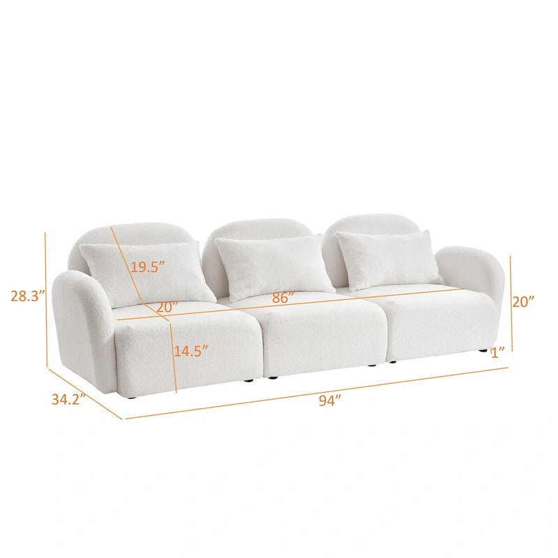 94" 3-Seat Teddy Fabric Sofa, 900 LBS Capacity, Curved Arms, Removable Cushions, White, Eucalyptus Wood Frame, Modern