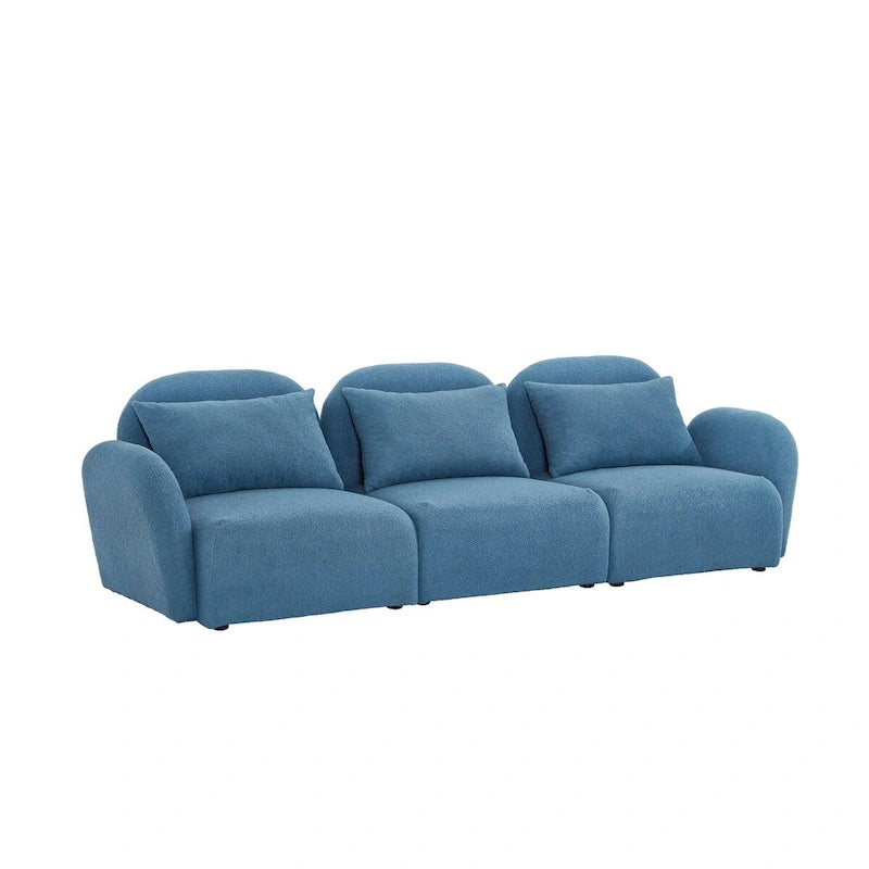 94" 3-Seat Teddy Fabric Sofa, 900 LBS Capacity, Curved Arms, Removable Cushions, White, Eucalyptus Wood Frame, Modern