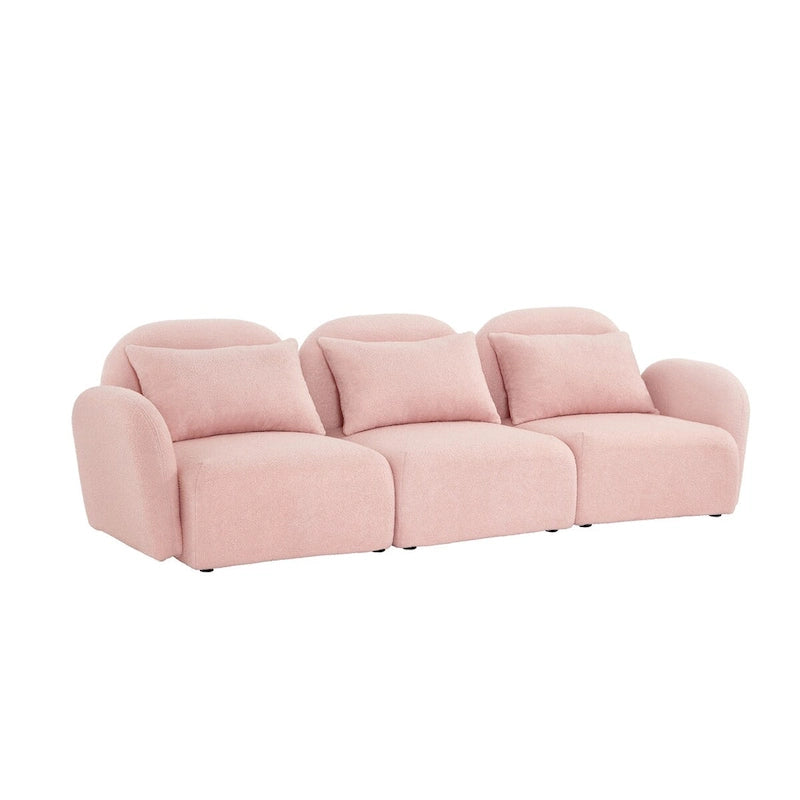 94" 3-Seat Teddy Fabric Sofa, 900 LBS Capacity, Curved Arms, Removable Cushions, White, Eucalyptus Wood Frame, Modern