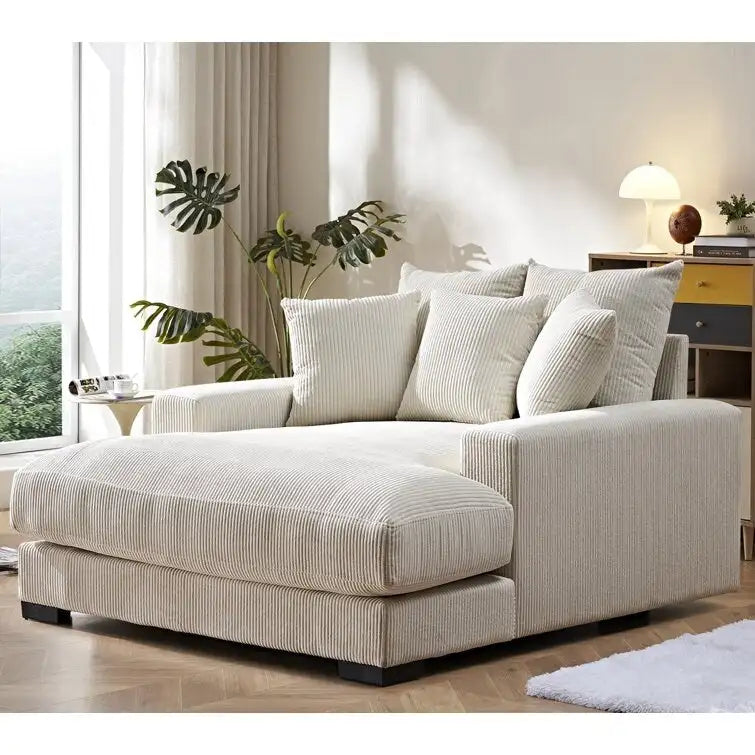 Oversized Corduroy Chaise Lounge Sofa, Plush Fabric, Double Square Arms, Removable Cushions, Lumbar Support, Modern Style