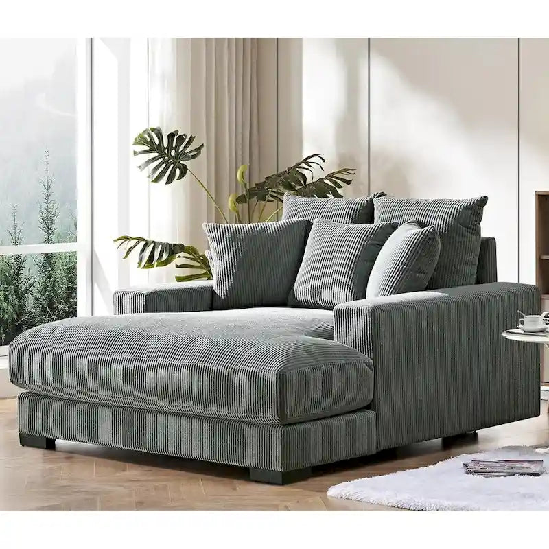 Oversized Corduroy Chaise Lounge Sofa, Plush Fabric, Double Square Arms, Removable Cushions, Lumbar Support, Modern Style