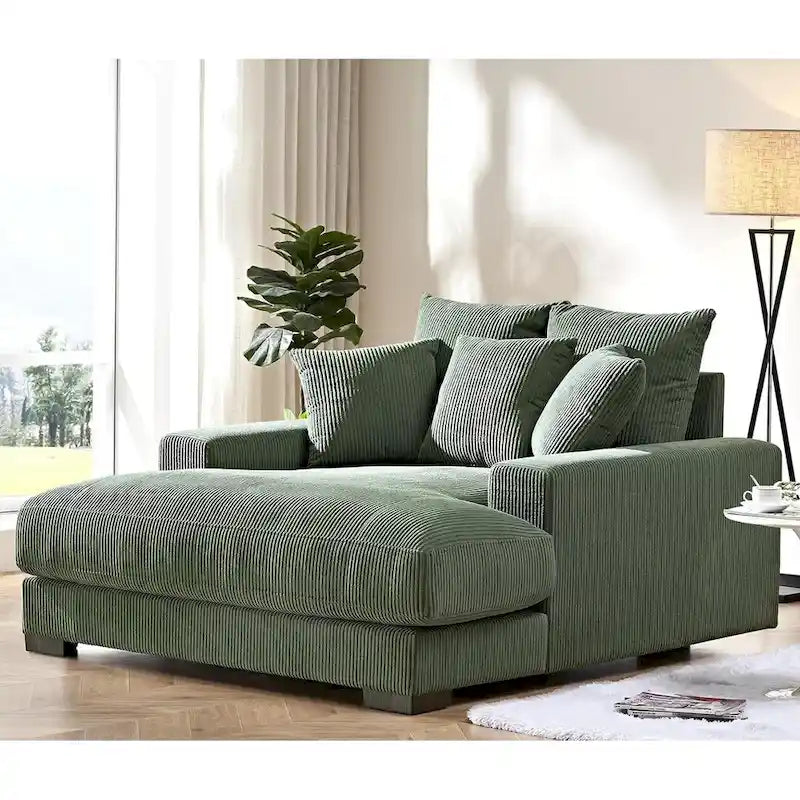 Oversized Corduroy Chaise Lounge Sofa, Plush Fabric, Double Square Arms, Removable Cushions, Lumbar Support, Modern Style