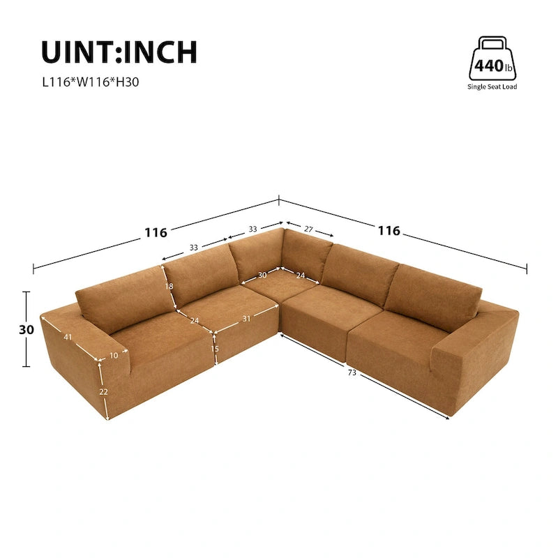 Modular L-Shaped Sectional Sofa - 5-Seat Terrycloth Fabric, Foam & Pocket Spring, No Assembly, 116" x 116", 440 lbs Per Seat