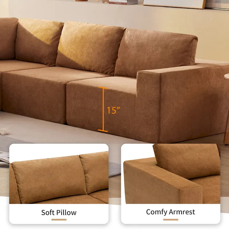 Modular L-Shaped Sectional Sofa - 5-Seat Terrycloth Fabric, Foam & Pocket Spring, No Assembly, 116" x 116", 440 lbs Per Seat