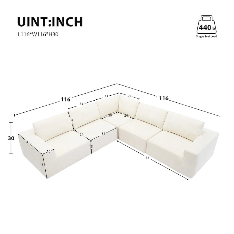 Modular L-Shaped Sectional Sofa - 5-Seat Terrycloth Fabric, Foam & Pocket Spring, No Assembly, 116" x 116", 440 lbs Per Seat