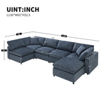 6-Seat Modular Chenille Sectional Sofa Bed with Ottoman, 130"L x 65"D, Convertible U-Shape, 330 LBS Capacity, Dark Blue