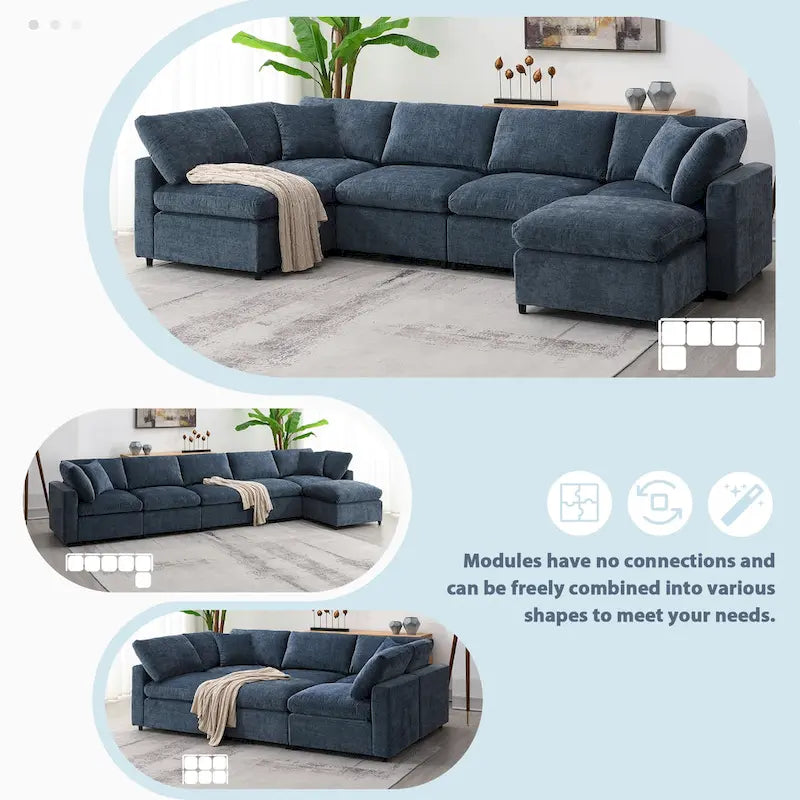 6-Seat Modular Chenille Sectional Sofa Bed with Ottoman, 130"L x 65"D, Convertible U-Shape, 330 LBS Capacity, Dark Blue