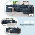 6-Seat Modular Chenille Sectional Sofa Bed with Ottoman, 130"L x 65"D, Convertible U-Shape, 330 LBS Capacity, Dark Blue
